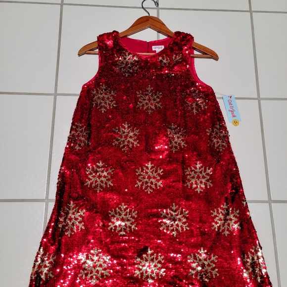 Cat & Jack Bright Red Flip Sequences Christmas Snowflakes XL 14-16 Dress - Picture 7 of 11